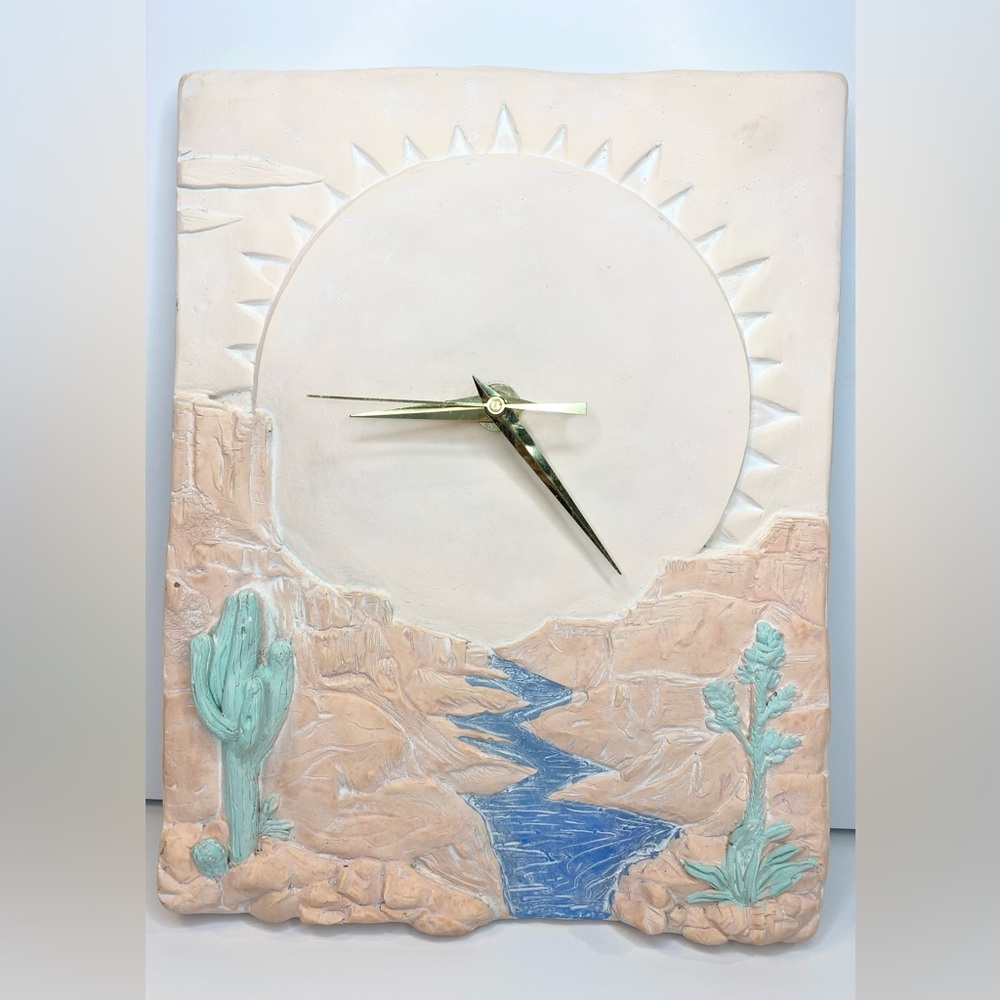 Vintage Ceramic Clock Handmade Brass Southwest Cactus Gallery Rare Wall Pink